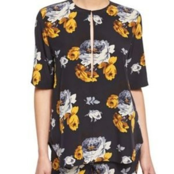 Theory Blouse Antazie Floral Roses 100% Silk Keyhole Front